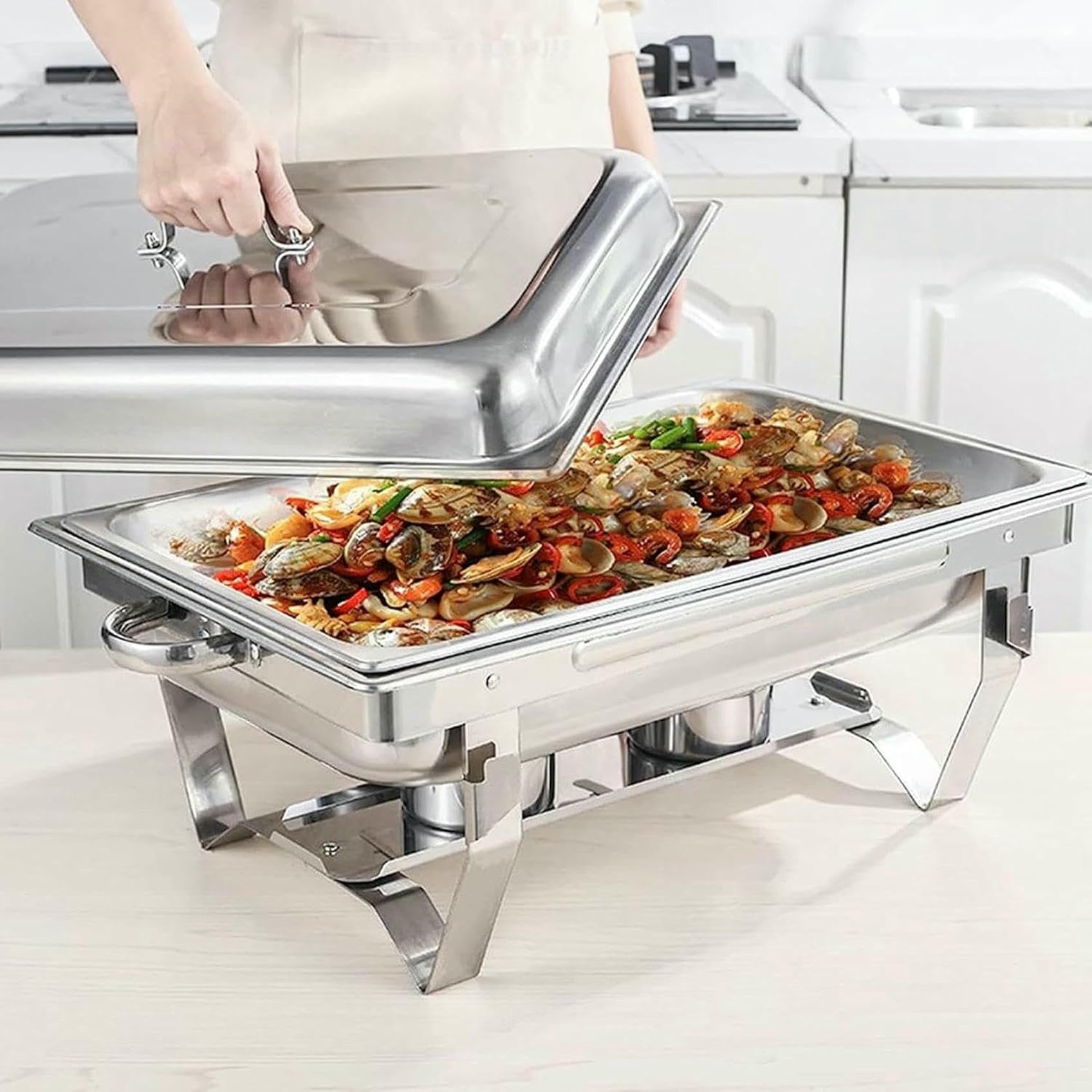 Servidor de buffet para calentar alimentos: bandejas de buffet con tapas, bandejas de control de porciones, calentadores de buffet de mesa, calentadores de alimentos para carritos de servicio~/