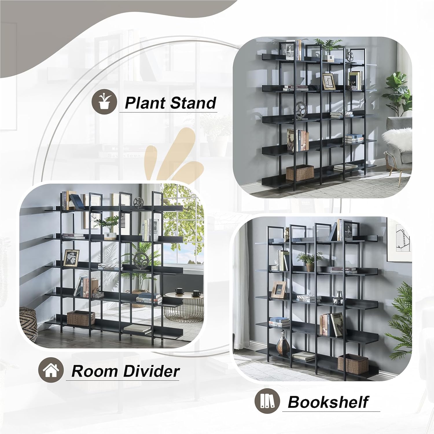 Wood Bookcase and Bookshelves Triple Wide 5-Tiers Large Open Shelves Multi Functional Room Divider Bookcases with Back Fence for Home Office (Black Frame with Black Shelf)