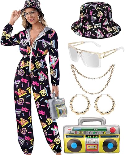 Overol con capucha de los años 80 y 90 para mujer, disfraz de chándal de una pieza, rompevientos, hip hop, fiesta de neón
