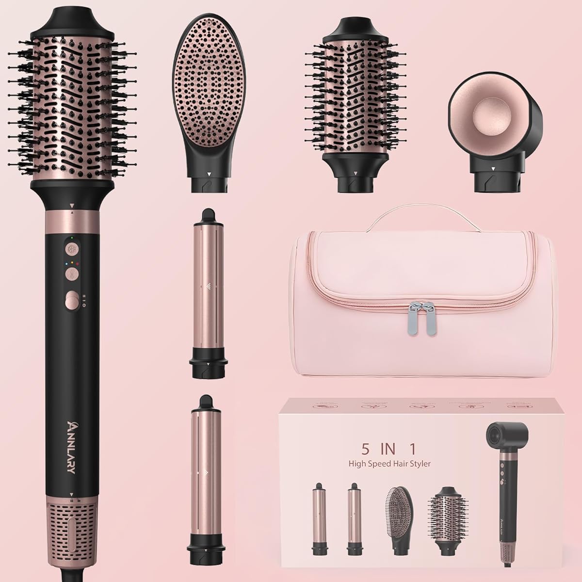 5 in 1 Ionic Hot Air Styler, 1400W Powerful Hair Dryer Brush, Auto-Wrap Curlers, Paddle Brush for Fast Drying, Volumizing with Travel & Storage Bag Compatible with Dyson Airwrap