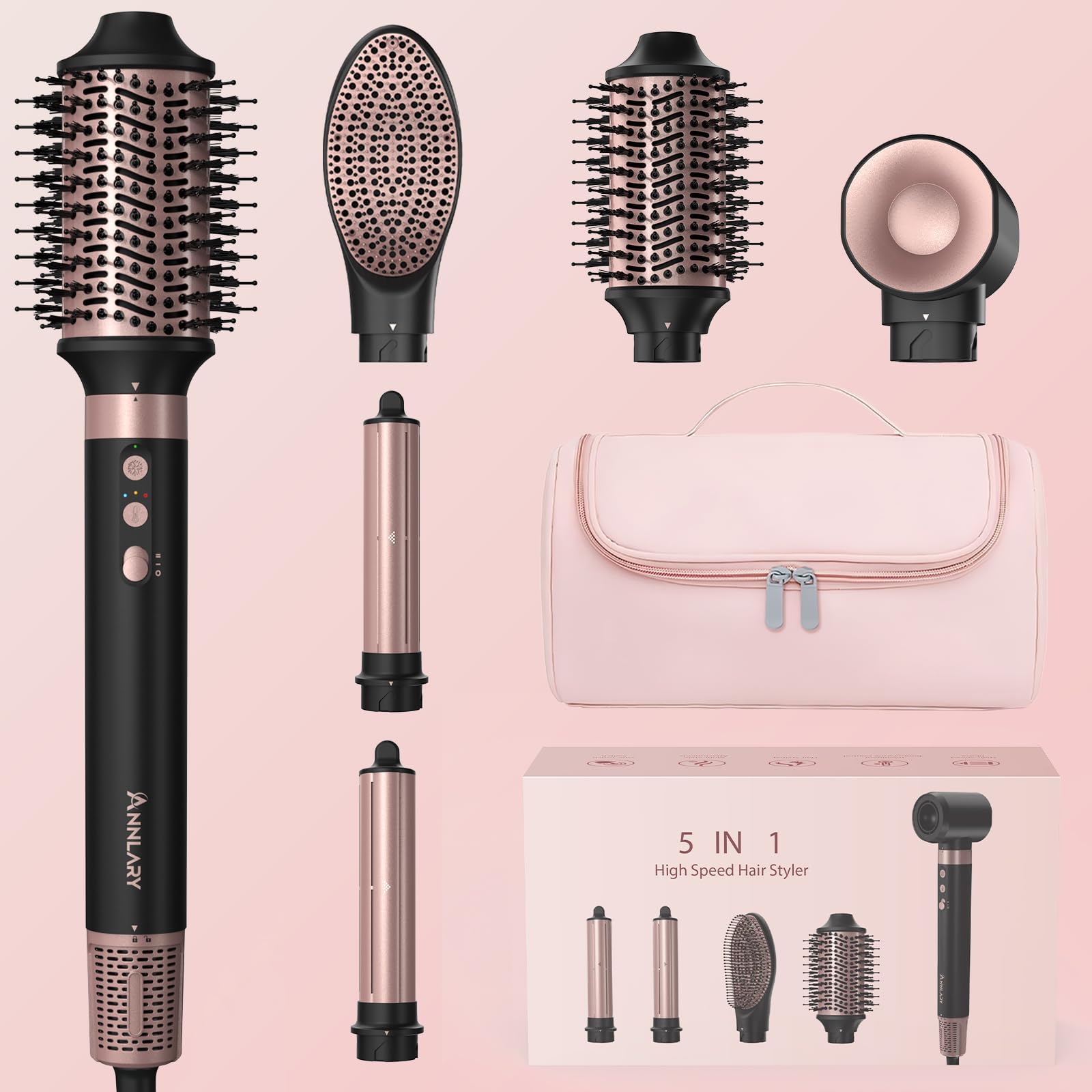 5 in 1 Ionic Hot Air Styler, 1400W Powerful Hair Dryer Brush, Auto-Wrap Curlers, Paddle Brush for Fast Drying, Volumizing with Travel & Storage Bag