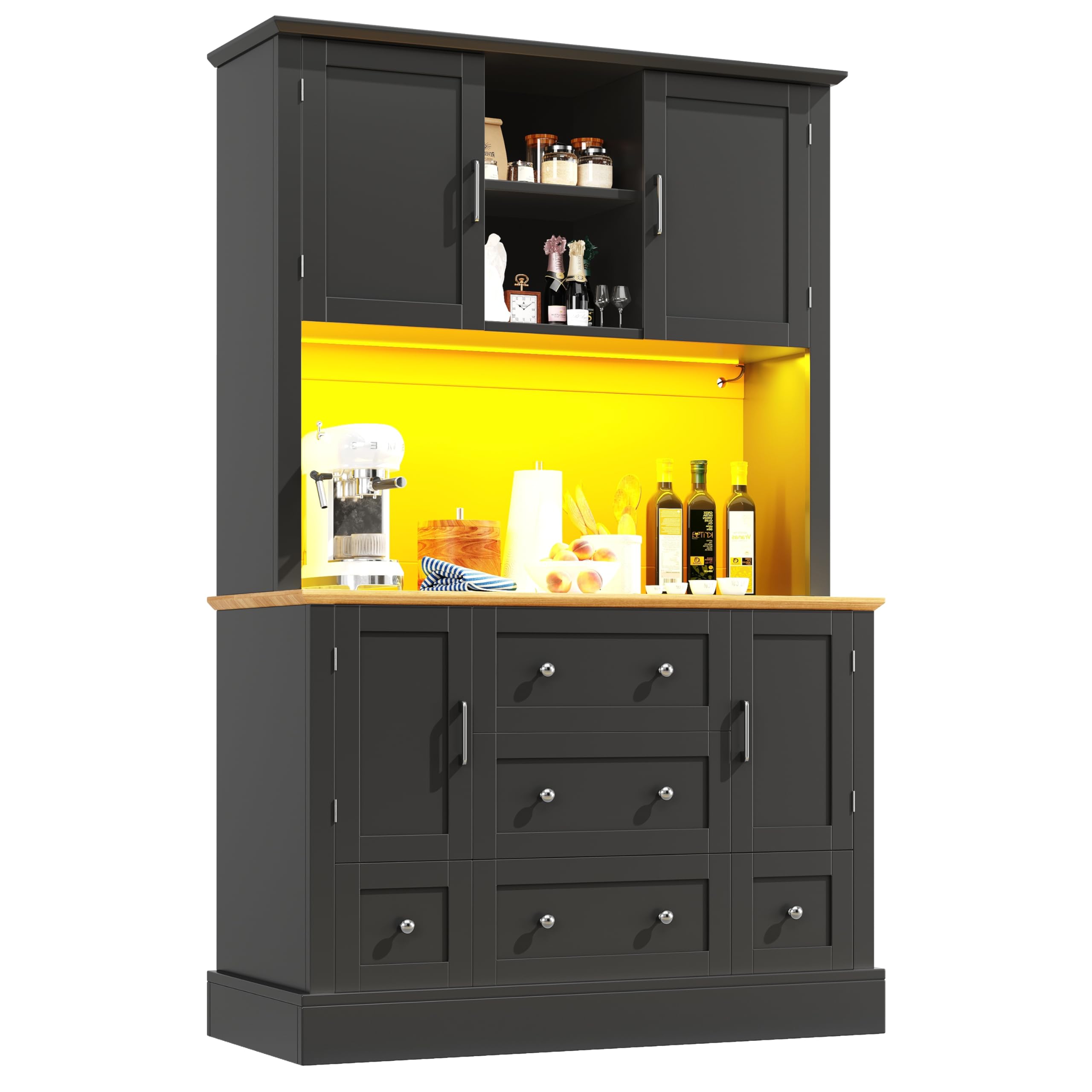 Hochwertiger Hochschrank mit App-Steuerung，115×40×180cm, Wohnzimmerschrank mit 4 Türen & 3 Schubladen, Küchenvitrine mit Musik-Lichtfunktion & Kippschutz, Schwar
