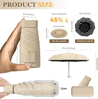 Mini Folding Travel Umbrella, Windproof Strong, UV Protection, 6 Ribs, Pocket Umbrella with Capsule Case for Women, Men, Girls-Beige
