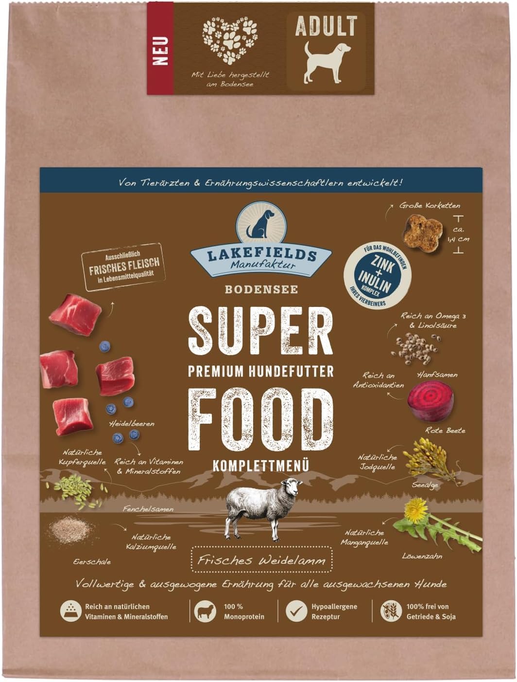 LAKEFIELDS MANUFAKTUR - SUPER Food - sucha karma dla psów premium, jagnięcina 61%, sucha karma bezzbożowa dla dorosłych psów, uniwersalna karma z mięsem jagnięcym, szpinakiem i nasionami konopi,