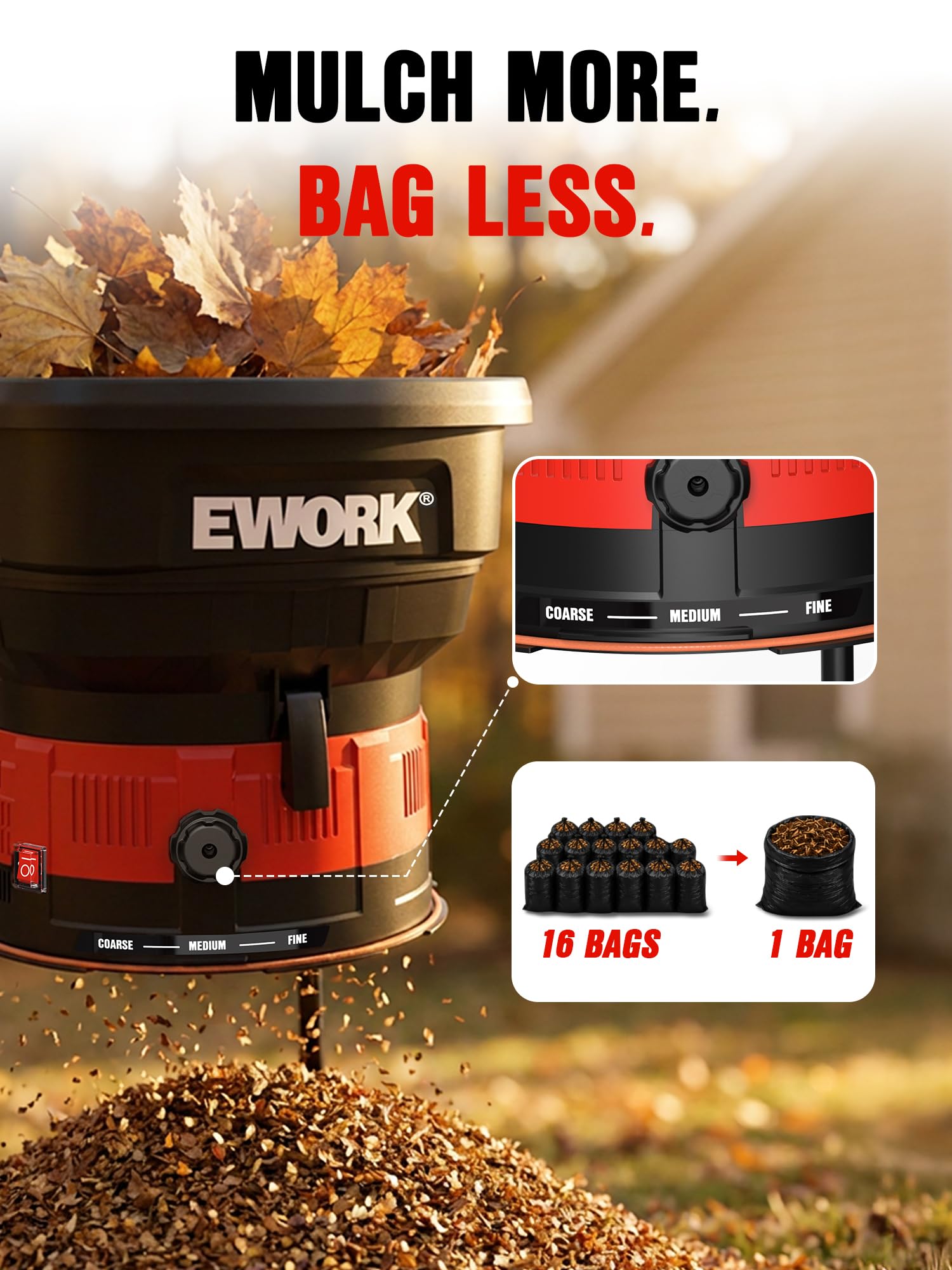 EWORK Broyeur de feuilles 15 A, rapport 16:1, lignes de coupe durables