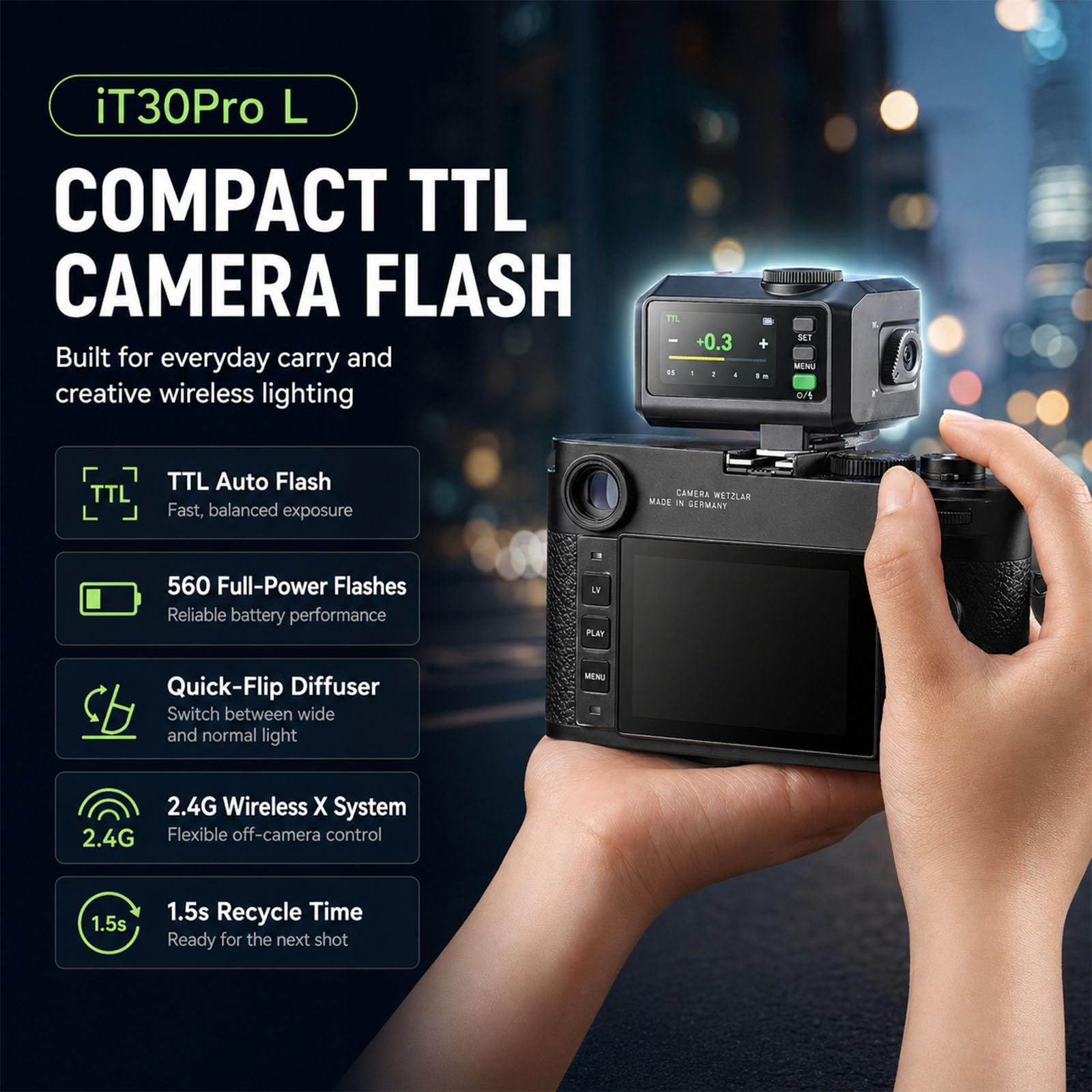 Godox iT30Pro-L TTL Mini Lampa Błyskowa do Leica, GN15, 560 Błysków Pełnej Mocy, 1,5 s Czas Recyklingu, HSS 1/8000 s, 2,4G X Nadajnik/Odbiornik, Ekran Dotykowy, USB-C, do Podróży Street Portret