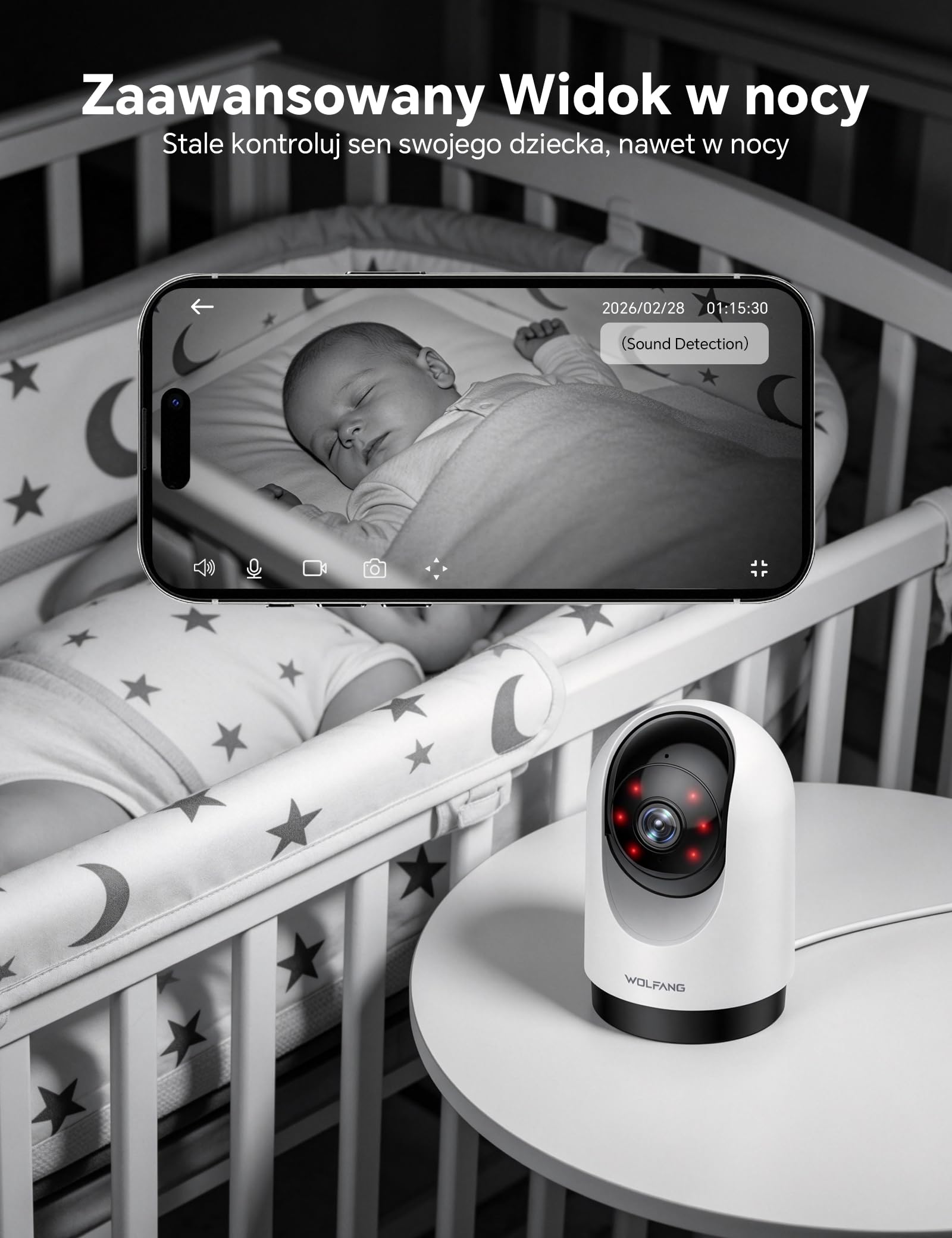 WOLFANG Kamera bezpieczeństwa 2K do użytku wewnątrz, kamera WiFi 3 MP, kamera dla zwierząt domowych z wykrywaniem dźwięku ruchu, obrót o 360°, noktowizor, 2-drożny dźwięk, chmura/SD, działa tylko z