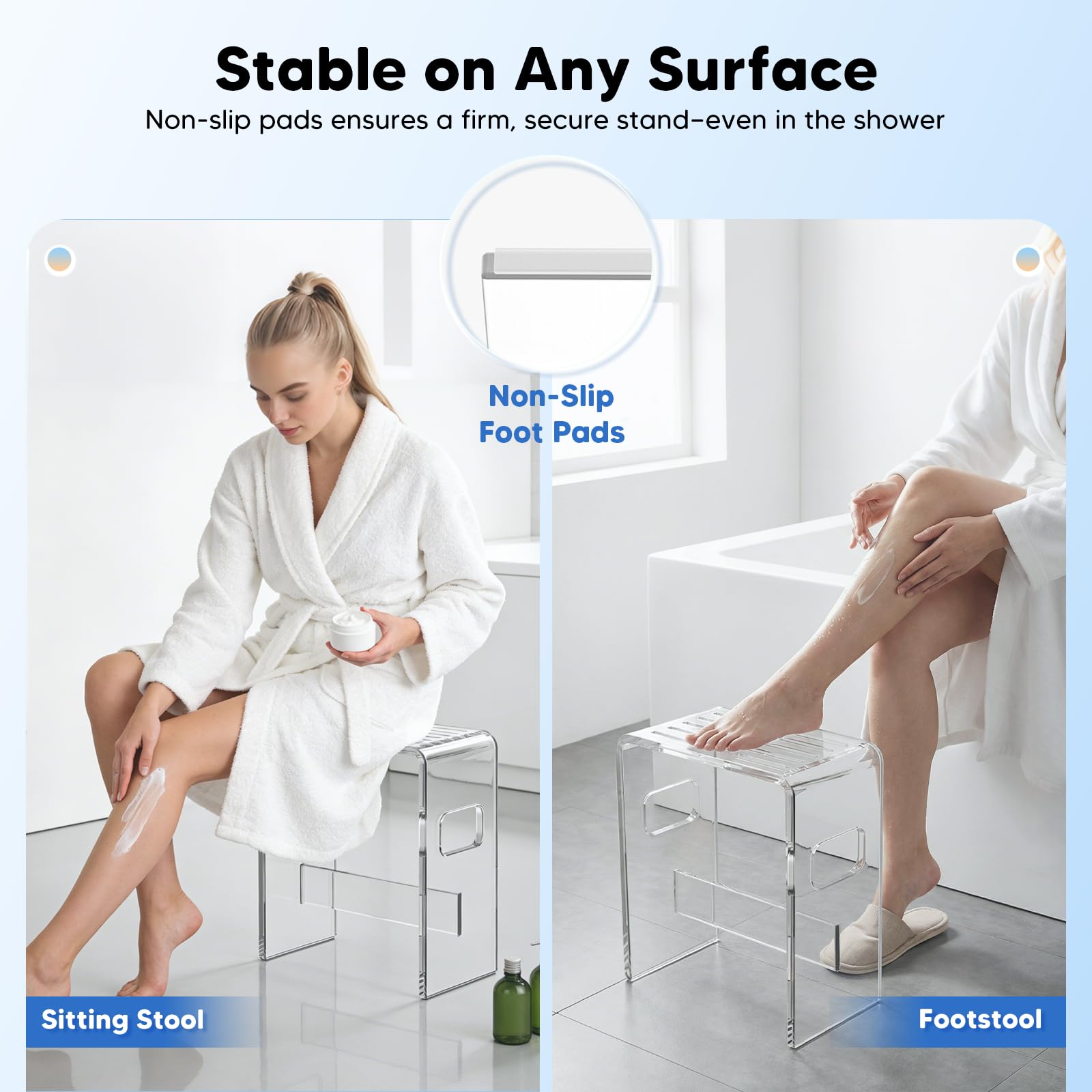 Sgabello da Doccia, Sedia da Doccia in Acrilico Trasparente (Portata 136kg) | Sgabello Trasparente Alto 43CM con Fessure di Drenaggio e Piedini Antiscivolo, Ideale per Sedersi