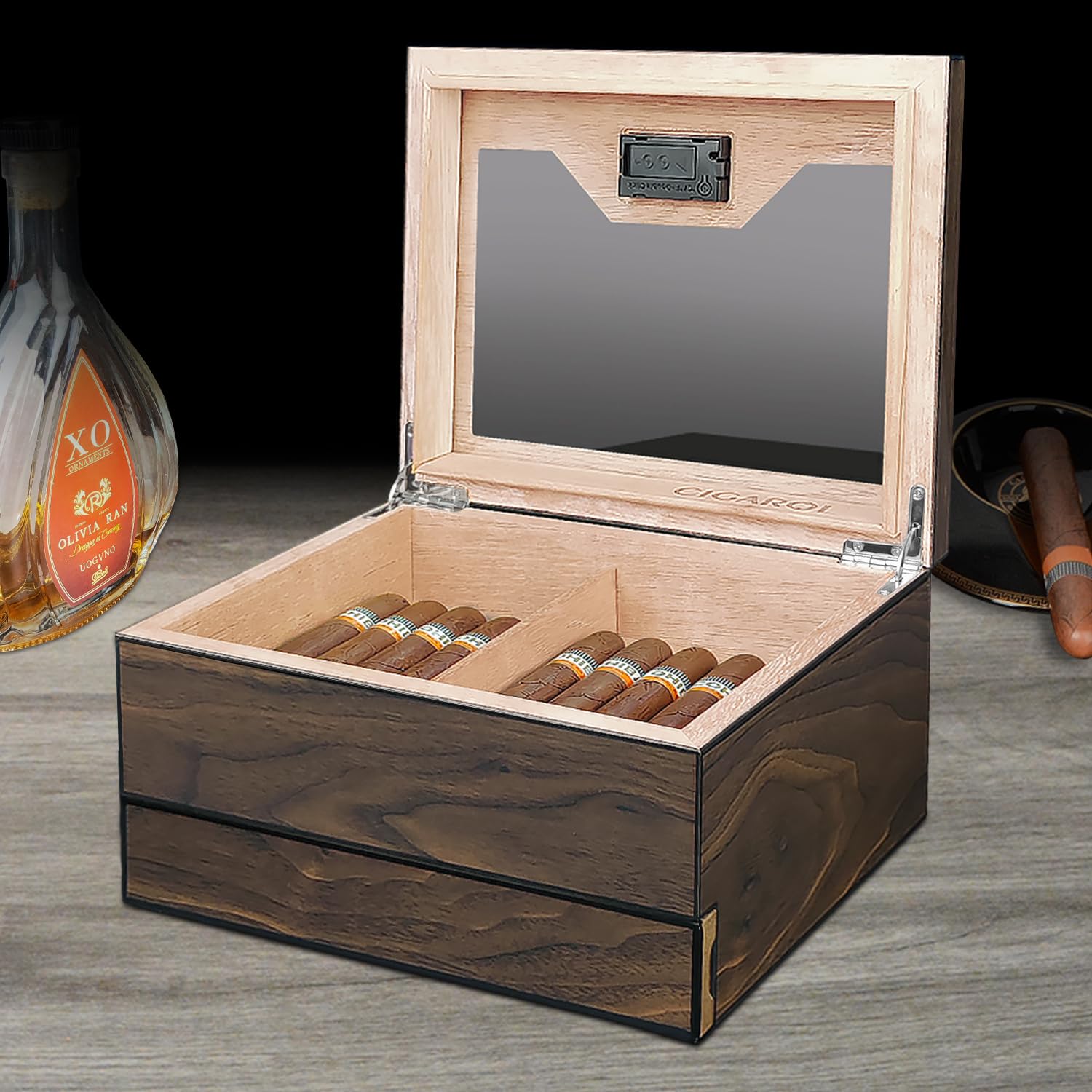 Humidor, Humidor Puros de Madera de Cedro con Higrómetro y Humidificador, Caja Puros Hecho a Mano con Cajón para 25-30 Cigarros, Grandes Regalos para Hombres (Puros no Incluidos)