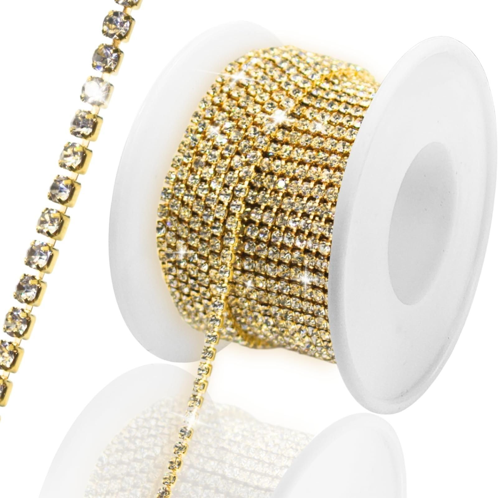 PEARLY JUN 1 Roll 10 Yards Gold Rhinestone Trim Chain Crystal Artificial Stone Trim Cup Chain SS6 2mm Color Plated Cup Stitch Costume Decoration