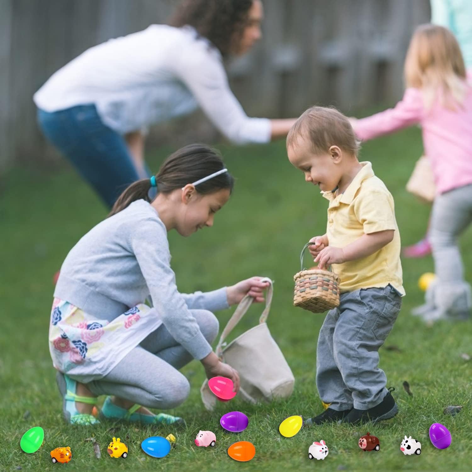 JIALWEN 12 Pack Easter Eggs Filled with Animal Pull Back Toy Cars, Easter Basket Stuffers Surprise Easter Gifts Hunt Theme Party Favors Classroom Prize Supplies