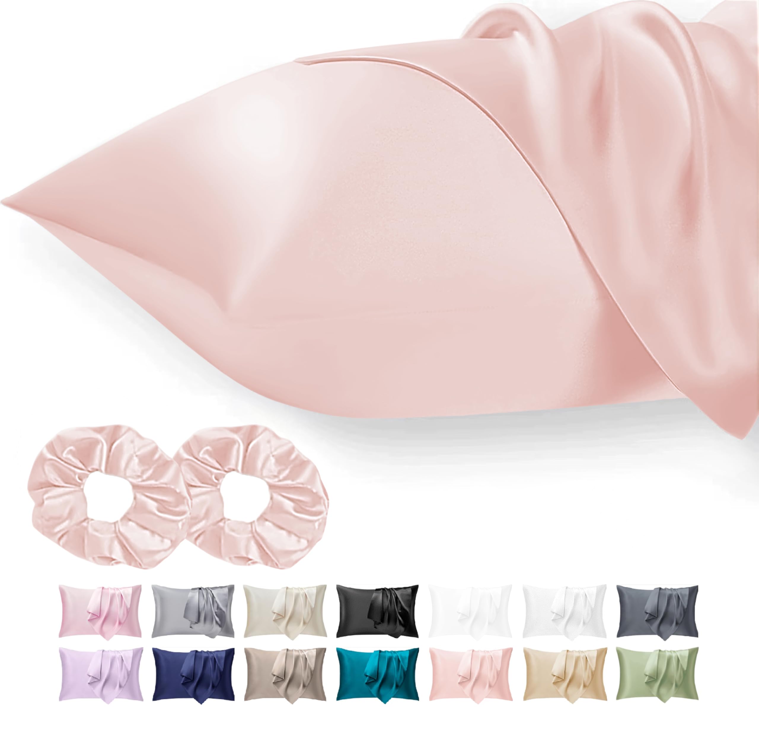 Seiwohl Satin Silk Pillowcases for Hair and Skin Coral Pillow cases 2 Pack with Hair Silk Scrunchies for women Cooling Pillow cases with Envelope Closure