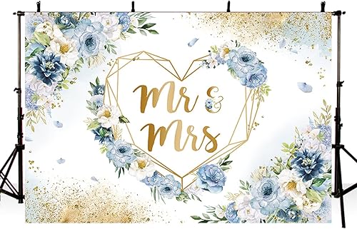 Miniatura 3 de MEHOFOND Telón de fondo de 7 x 5 pies para despedida de soltera, fondo floral azul y blanco, corazones geométricos para parejas, decoración de