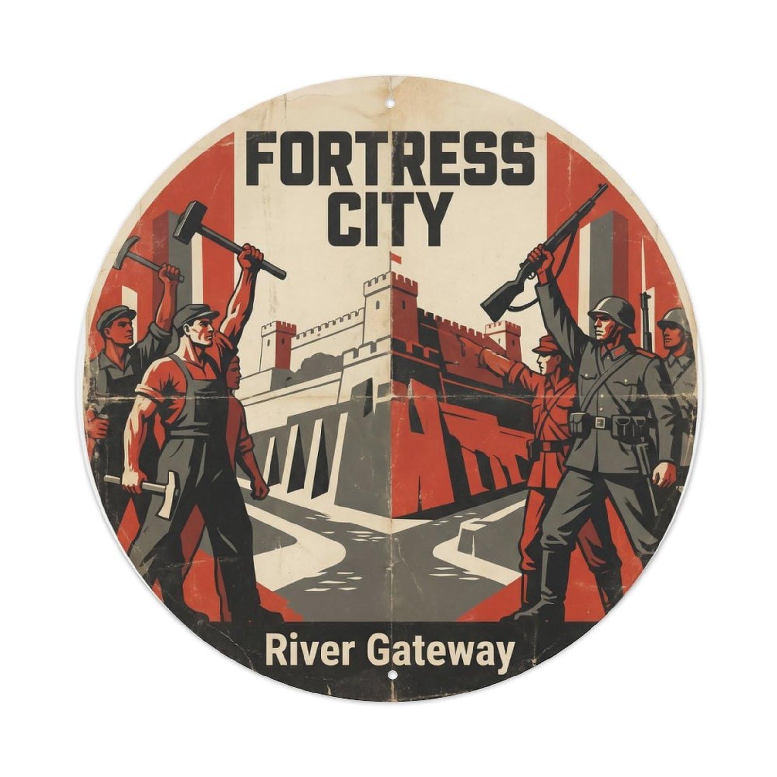 Fortress City River Gateway Vintage Cartography Heritage Metal Tin Sign Plaque Wall Decor for Cafe, Man Cave, Club Bar, Office, Home Garden Round Metal Poster 8x8Inch