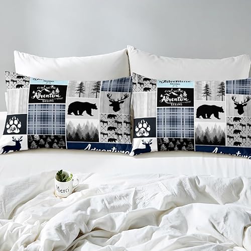 Miniatura 7 de Juego de ropa de cama de cabaña de granja, funda de edredón rústica de oso y ciervo, tamaño Queen, funda de edredón de retazos de bosque para niños,