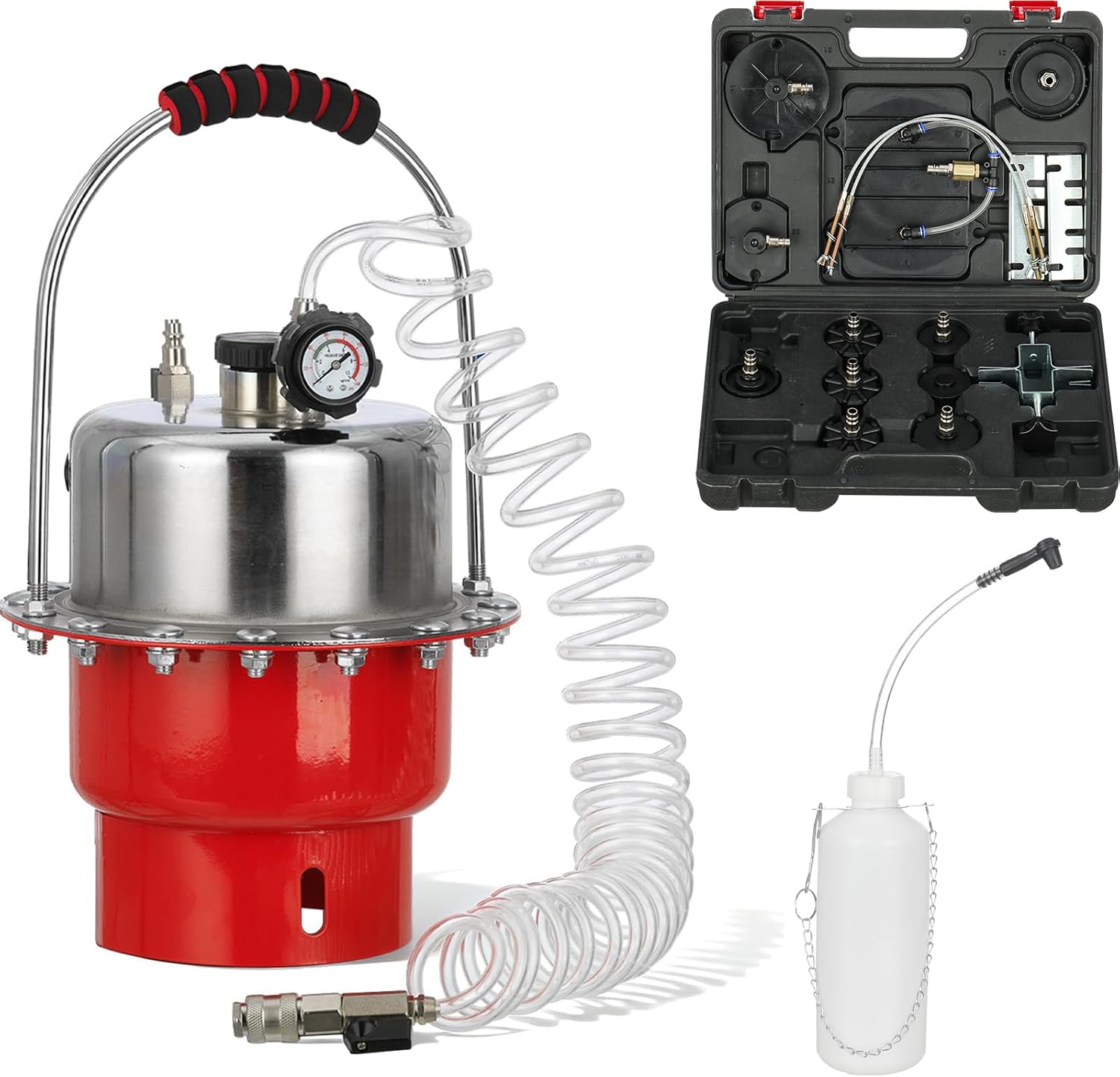 5L Pneumatic Brake Bleeder Kit, Stainless Steel Pressure Brake Bleeder with Gauge, 8 Adapters, Waste Fluid Bottle, One Man Brake Clutch Fluid Change Tool for Cars, Trucks, Motorcycles, ATVs