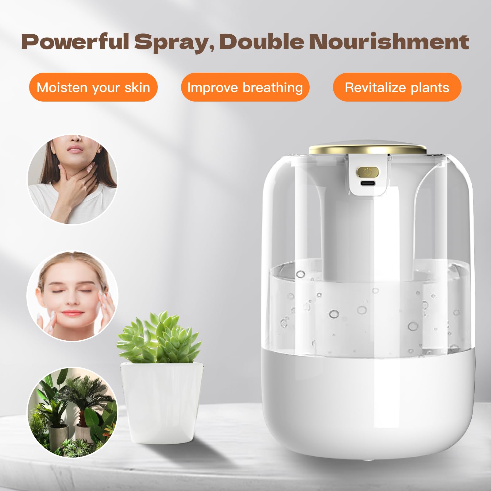 Humidificador de aire para dormitorio, humidificador silencioso de niebla fría de 2 litros para plantas, dormitorio, oficina, hogar, coche, humidificador personal con 3 modos de niebla y luz