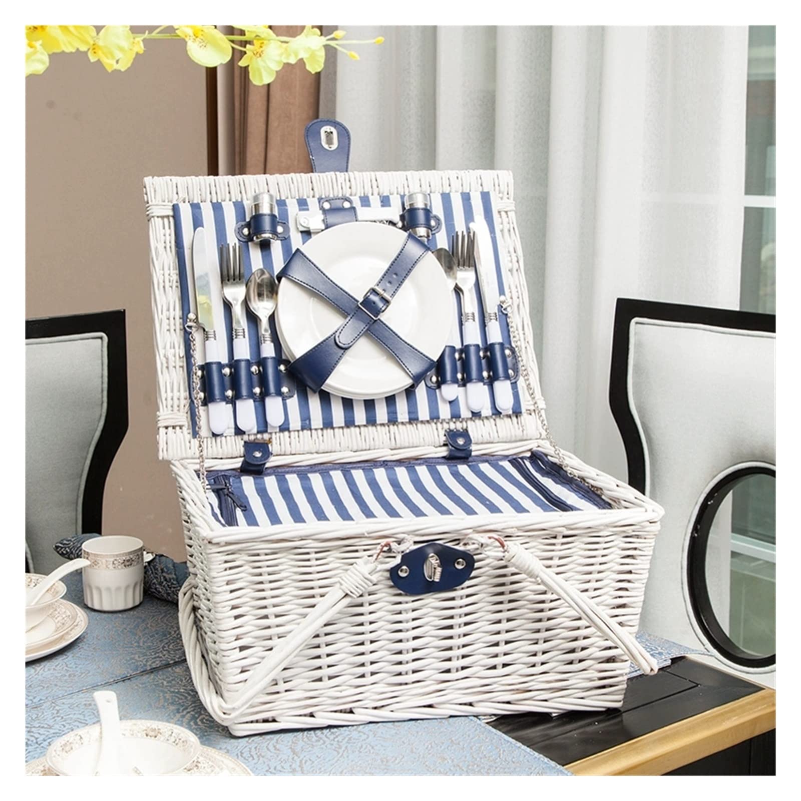 Storage Basket,Wicker Picnic for 4 Persons, Outdoor Hand Woven Fruit with Utensils Cutlery, Willow Hamper Service Gift