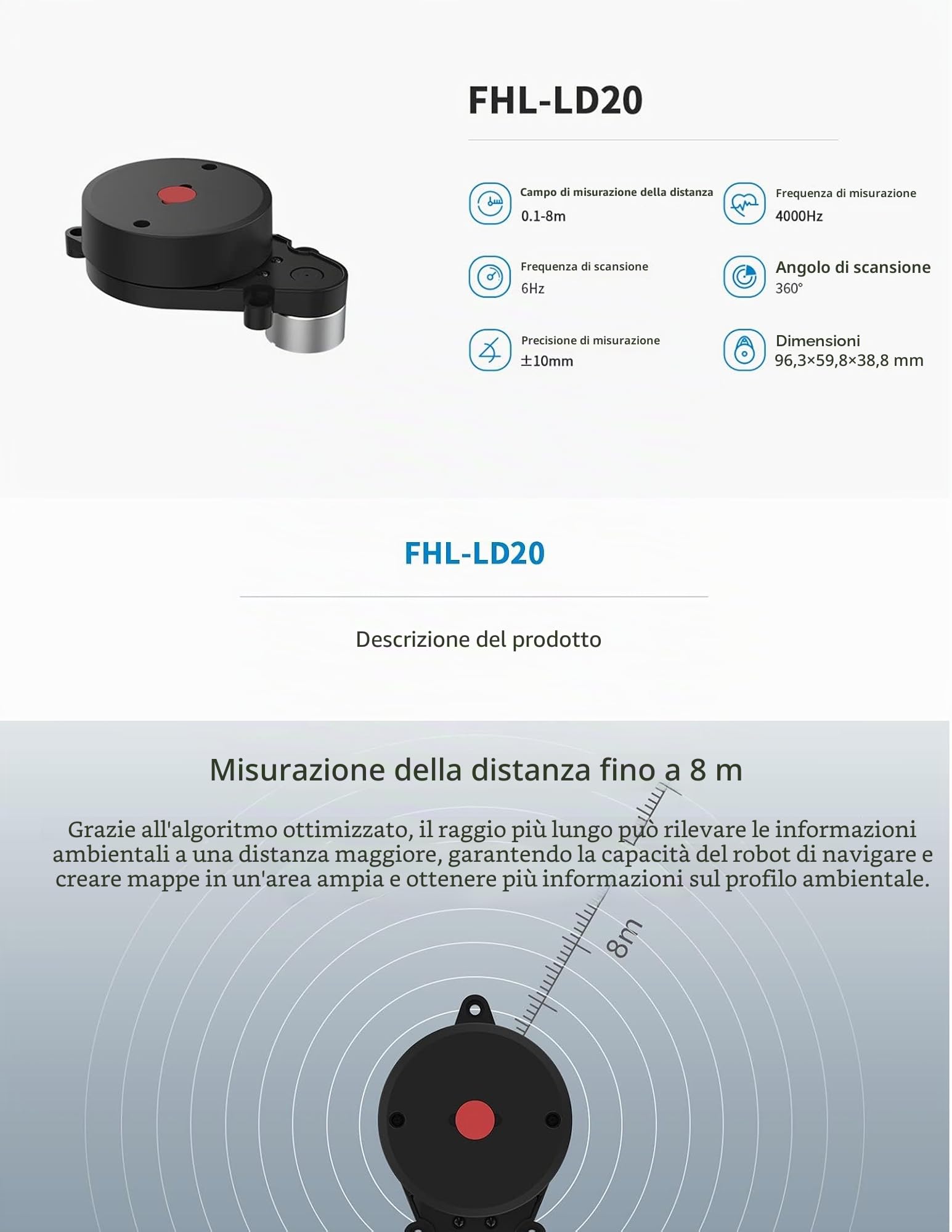 youyeetoo FHL-LD20 sensore Lidar 8 m 360° offre Compatibile con Raspberry Pi C/ROS1&2 tutorial, LiDAR LD20 triangolato, software di controllo avvio e arresto (LD20 Lidar Kit)