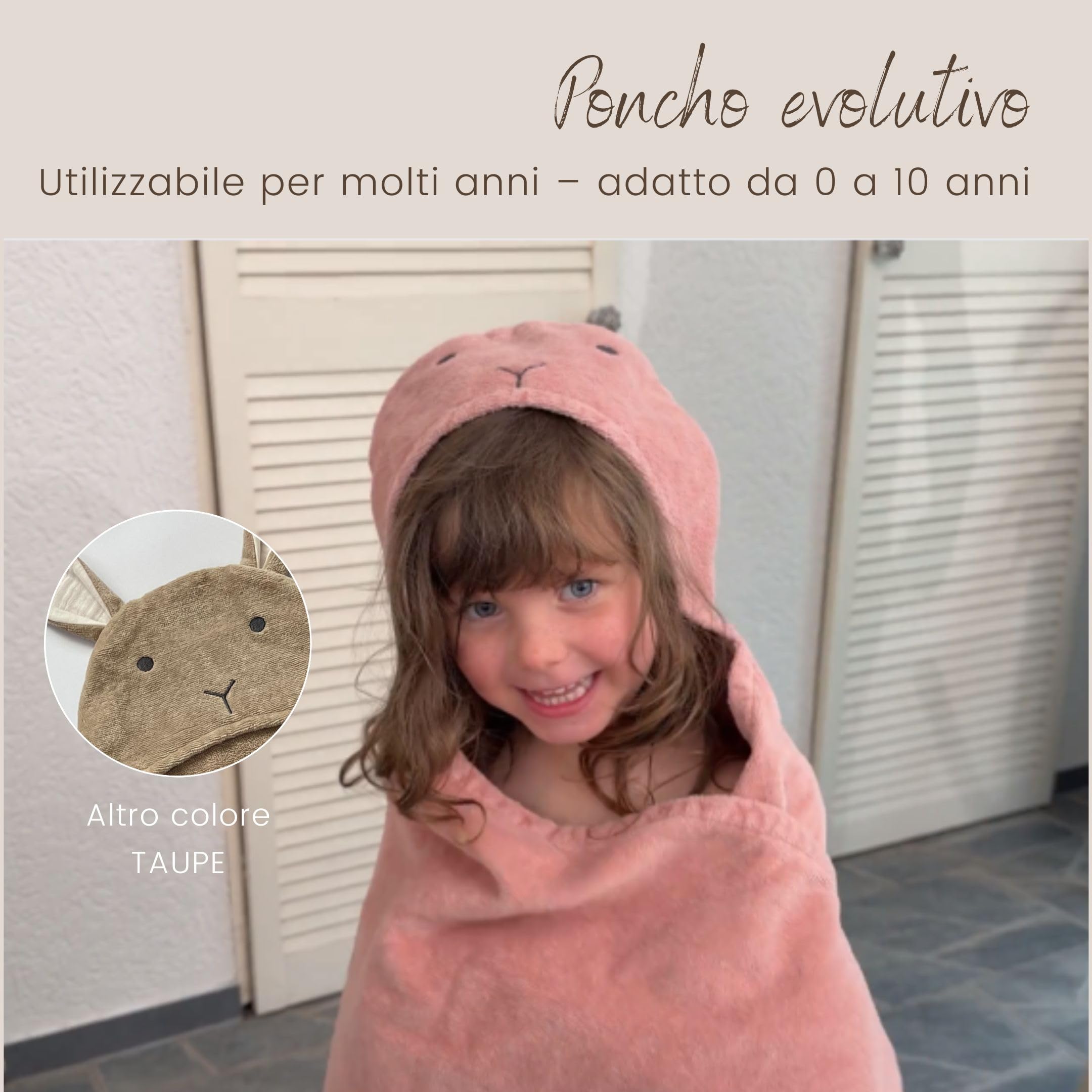DIKOS® Poncho Bagno Bimbi Rosa Antico 70x140 cm | 2 in 1 Asciugamano Cappuccio Coniglio, Bottoni a Pressione, fino a Tg. 140 | 100% Cotone Bio Spugna/Velour, Morbido e Assorbente | Regalo Nascita