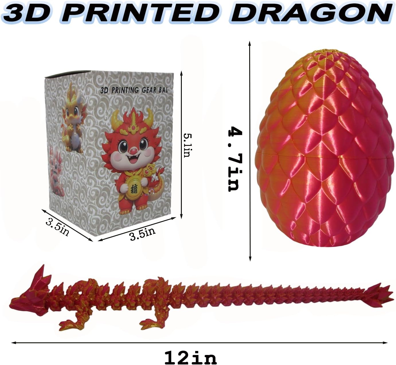 [Kingjie] 3D Printed Dragon Egg with Dragon Inside - 12 Inch Articulated Flexible Fidget Toy, Mythical Crystal Animal Figure Desk Decor for Kids Teens Adults, Easter Basket Stuffers Gift (Red)
