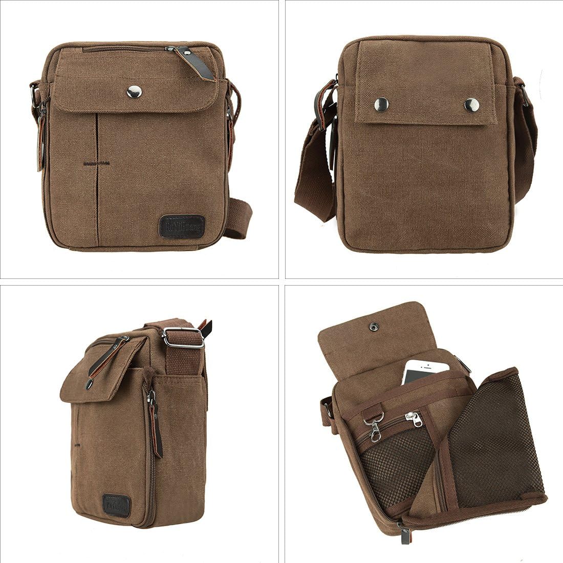 FXTXYMX Canvas Small Messenger Bag Casual Shoulder Bag Travel Organizer Bag Multi-pocket Purse Handbag Crossbody Bags (Coffee)