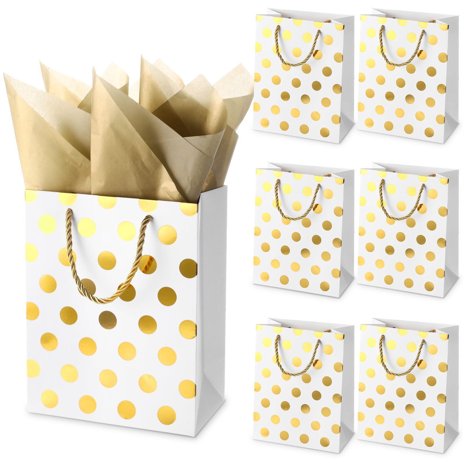 Humyoun 6 Pack Medium Size Gift Bags Polka Dots Valentines Gift Bag with Tissue Paper & Handles 7 x 4 x 9 Thick for Parties, Birthday, Baby Shower,