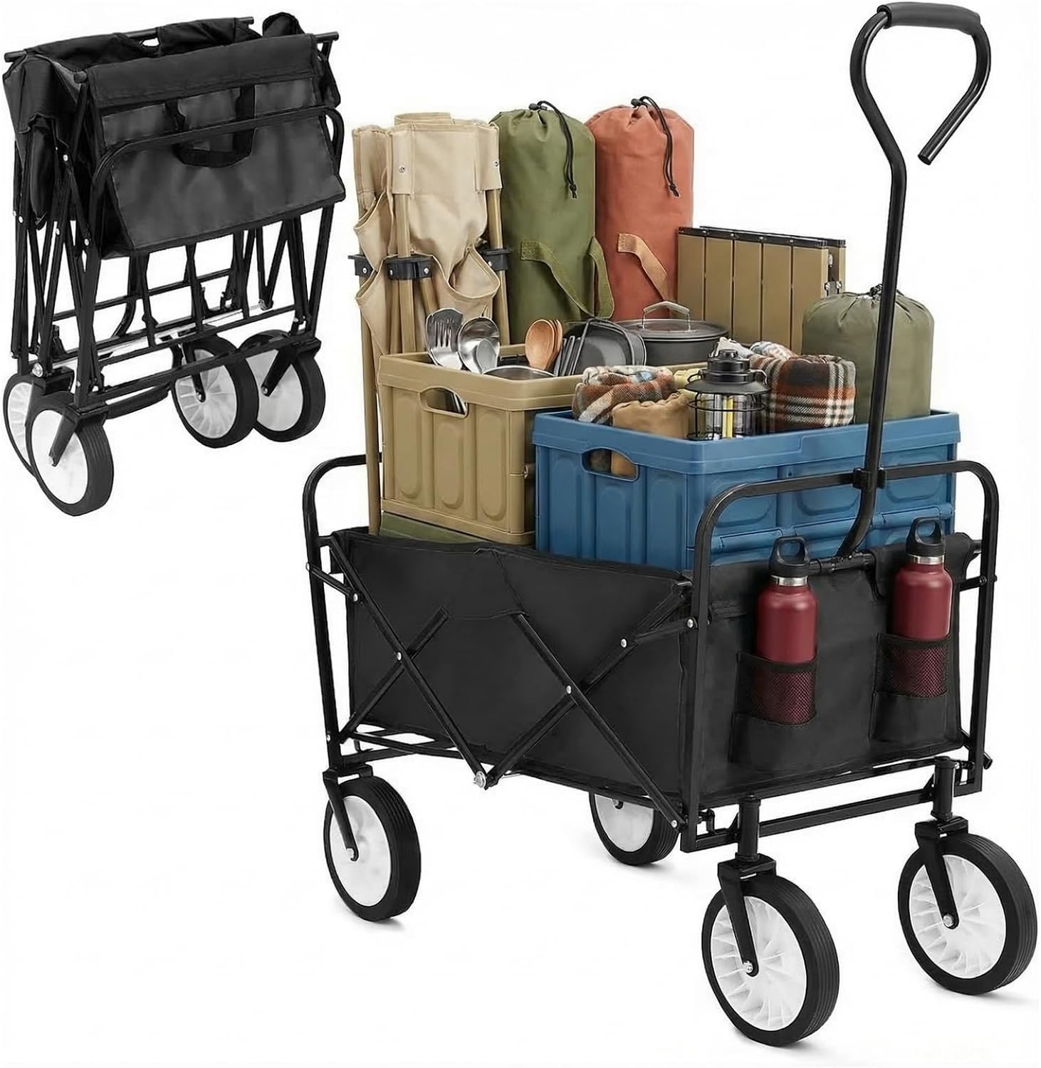 Handcart Transport Trolley Foldable Hand Trolley with Side Pocket 98 L/80 kg Load Capacity Beach Trolley Foldable All Terrain Garden Trolley for Shopping Camping Beach Transport Outdoor Black