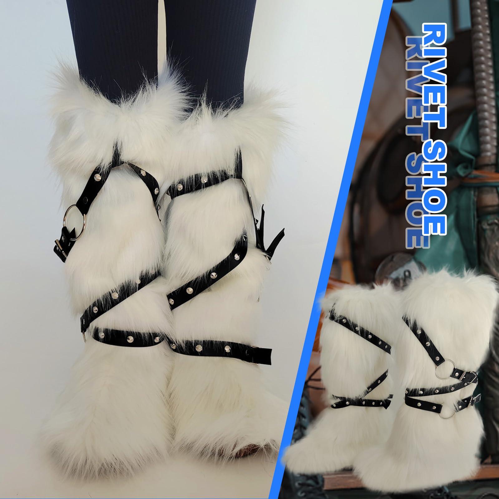 Calentadores de piernas de piel sintética para mujer, remache punk, arnés de piernas, mullido, fundas de botas de nieve, calcetines para fiestas e informales