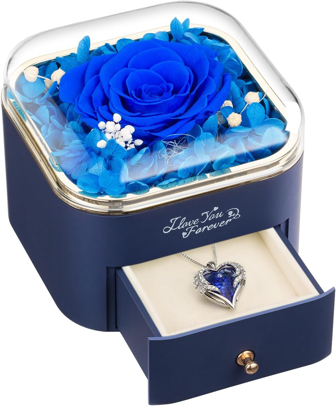 Preserved Real Blue Rose with Angle Wings Necklace, Forever Flowers Gifts for Mom Grandma Wife Girlfriend at Christmas Valentines, Anniversary Birthday Gifts for Women, I Love You Gifts for Her - Image 2