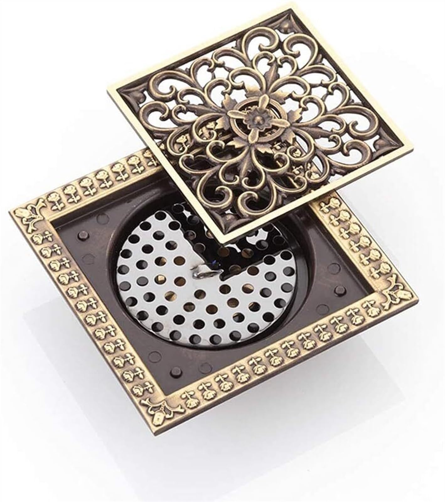 Siphon de sol en laiton 12x12 cm avec grille de douche carrée amovible pour salle de bain