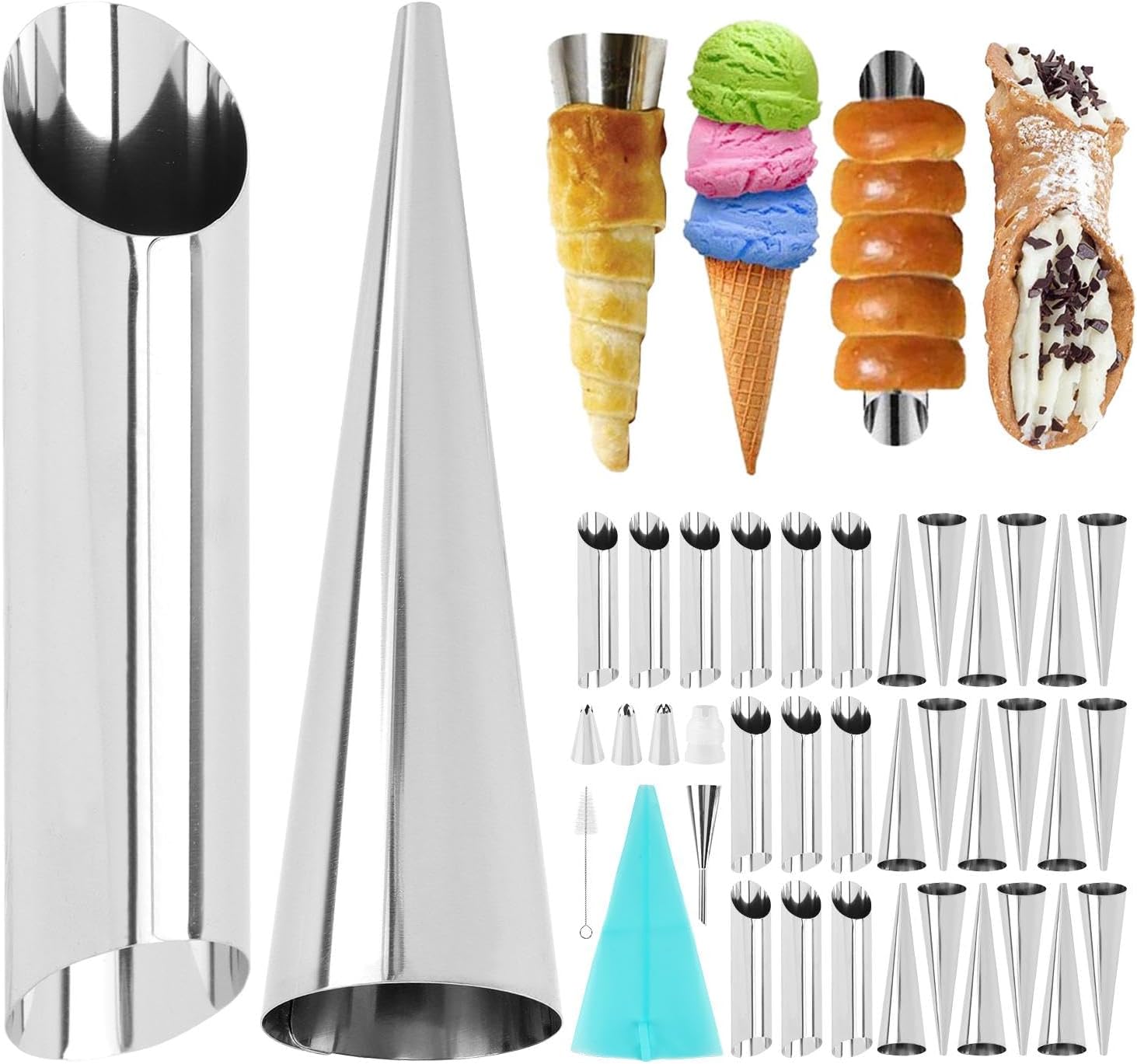 Cream Horn Mold, 35pcs Cannoli Forms Tubes Kit 16pcs Cone Shaped 12pcs Tubular Shaped Baking Molds 1pc Puff Mozzle Tip for Danish Pastry Lady Lock Form Cream Roll