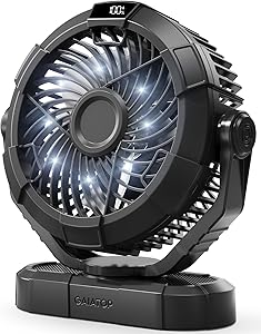 Gaiatop Portable Camping Fan with LED Lantern, Power Display 360° Head Rotation, Hanging Hook for Tent, 3 Speed Quiet Rechargeable, 4000mAh Battery Operated USB Fans for Indoor Outdoor Travel Black