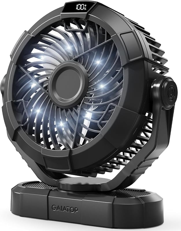 Gaiatop Ventilador de camping portátil con linterna LED, pantalla eléctrica, rotación de cabeza de 360°, gancho para colgar para tienda de campaña, ventiladores USB silenciosos recargables con pilas de 3 velocidades para viajes en interiores y exteriores, color negro | Pantalla de alimentación, 3 velocidades silenciosas, 8 cuentas LED, USB con batería recargable, para viajes en interiores y exteriores, color negro