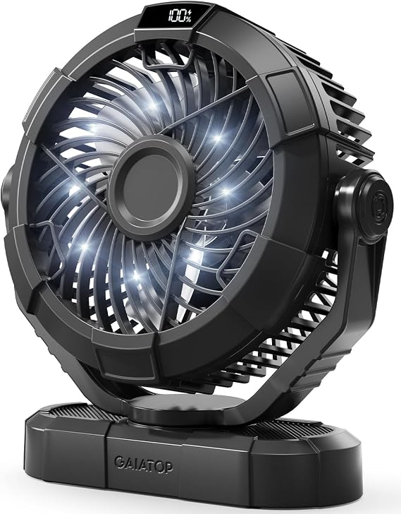 Gaiatop Portable Camping Fan with LED Lantern, Power Display 360 Head Rotation, Hanging Hook for Tent, 3 Speed Quiet Rechargeable, 4000mAh Battery Operated USB Fans for Indoor Outdoor Travel Black