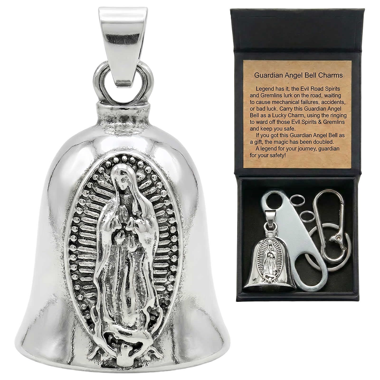 Motorcycle Bell Guardian Angel - Good Luck Gremlin Charm Gift With Gift Box, Legend Card, Keychain And Hanger For Rider Men Kids Friends &amp; Weather-resistant Bells For Bike Car Bicycle (Holy Mary)