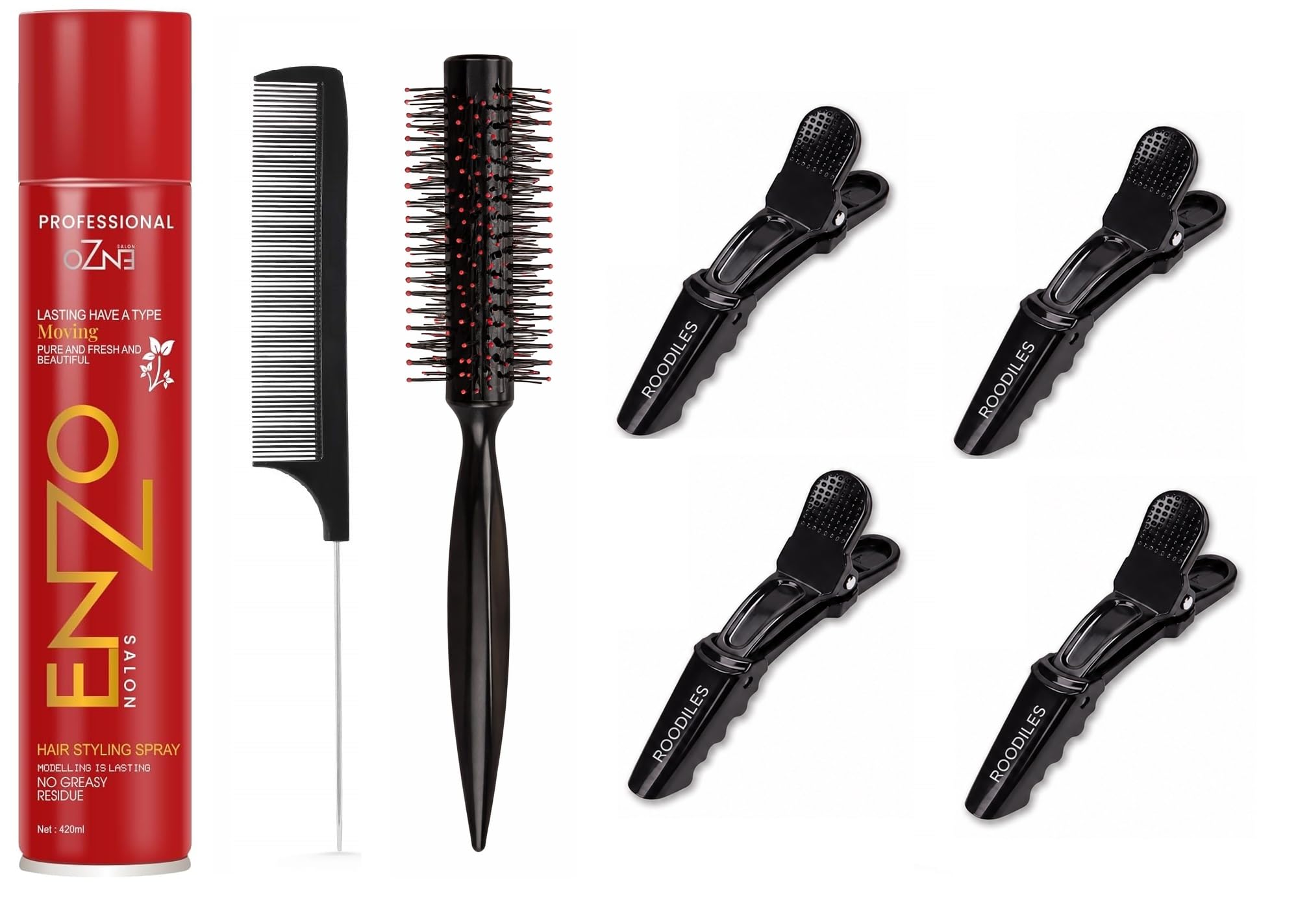 Enzo 420ml Hair Spray with Tail Comb Round Brush 4 Hair Sectioning Clips Salon Hair Styling Kit for Blow Drying Detangling Professional Hair Styling Tools Set Black-image-34