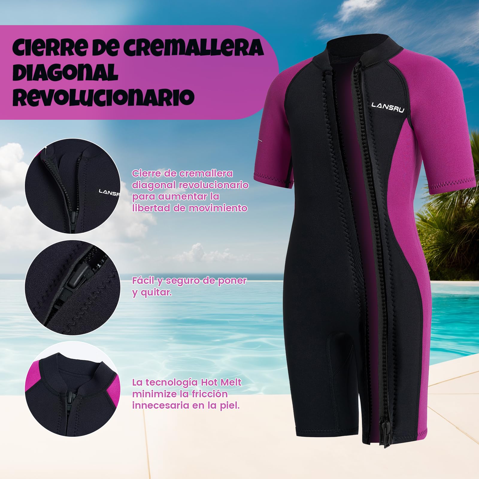 Traje de Neopreno para niños – 2,0 mm Corto Neopreno para niños, pionero Cremallera Completa, protección UV, Traje térmico para Surf, natación y Buceo