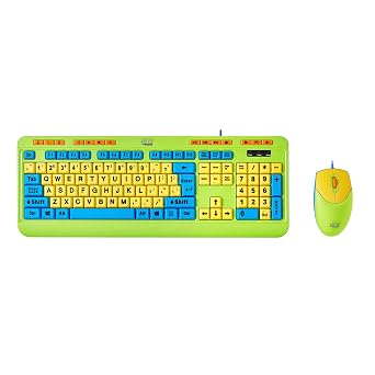 Adesso Kids Keyboard and Mouse Combo with Multimedia Controls - Colorful Wired Set for Children with Large 4X Size Print Keys and 1000 DPI Optical Wireless Mouse