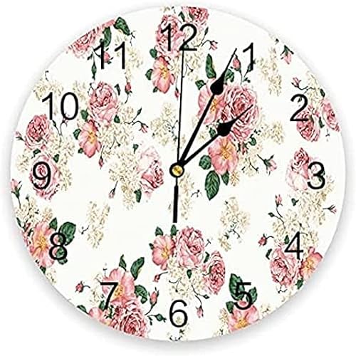 Reloj de baño con diseño de flores rosas y hojas verdes y rosas estilo redondo moderno para decoración del hogar sala de estar dormitorio relojes de