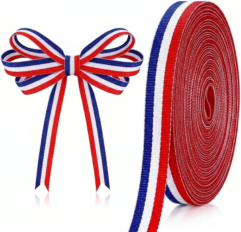 Red White and Blue Ribbon Patriotic Ribbon, 3/8 Inch Wide 20 Yard, American Flag Style Fabric Ribbon for Memorial Day Gift Wrapping, 4th of July Party Decoration, DIY Crafting & Sewing Accessories