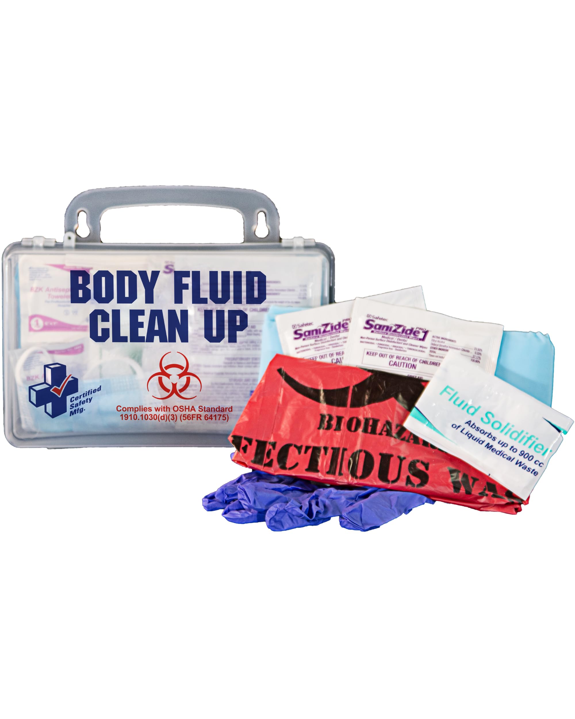 Certified Safety Mfg Bloodborne Pathogen Kit OSHA Certified - 22pc USA-Made Bodily Fluid and Vomit Clean Up Kit with a Fluid Solidifier, PPE Equipment