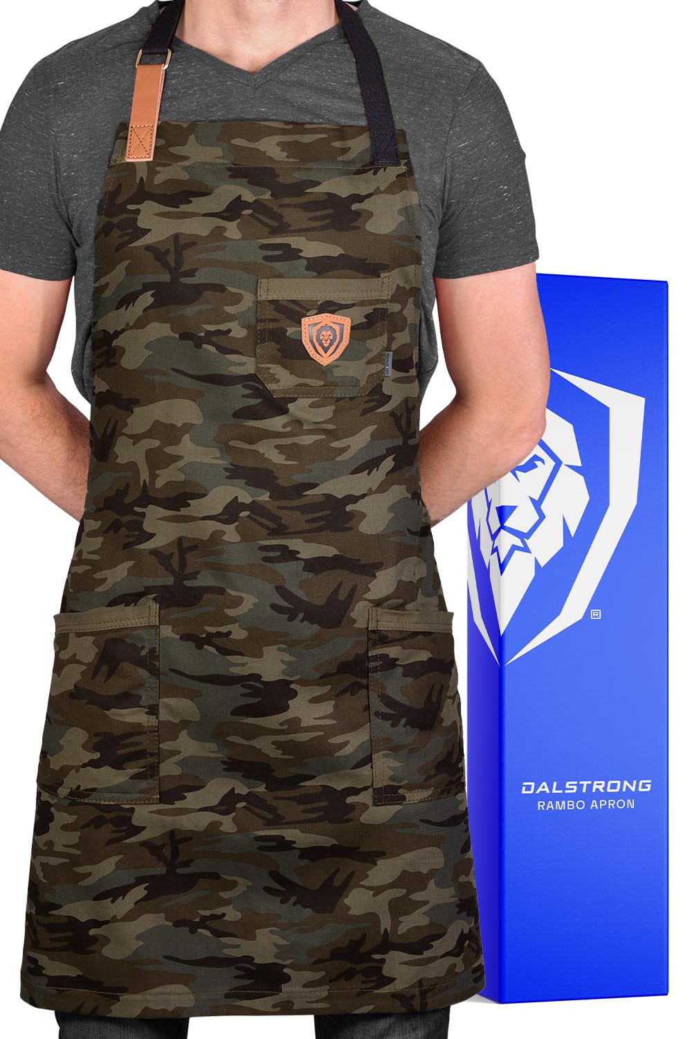 DALSTRONG Professionelle Kochschürze - mit 4 Taschen - wasserabweisend - Details aus echtem Leder - verstellbare Gurte - 100% Poly-Baumwolle Camouflage Muster