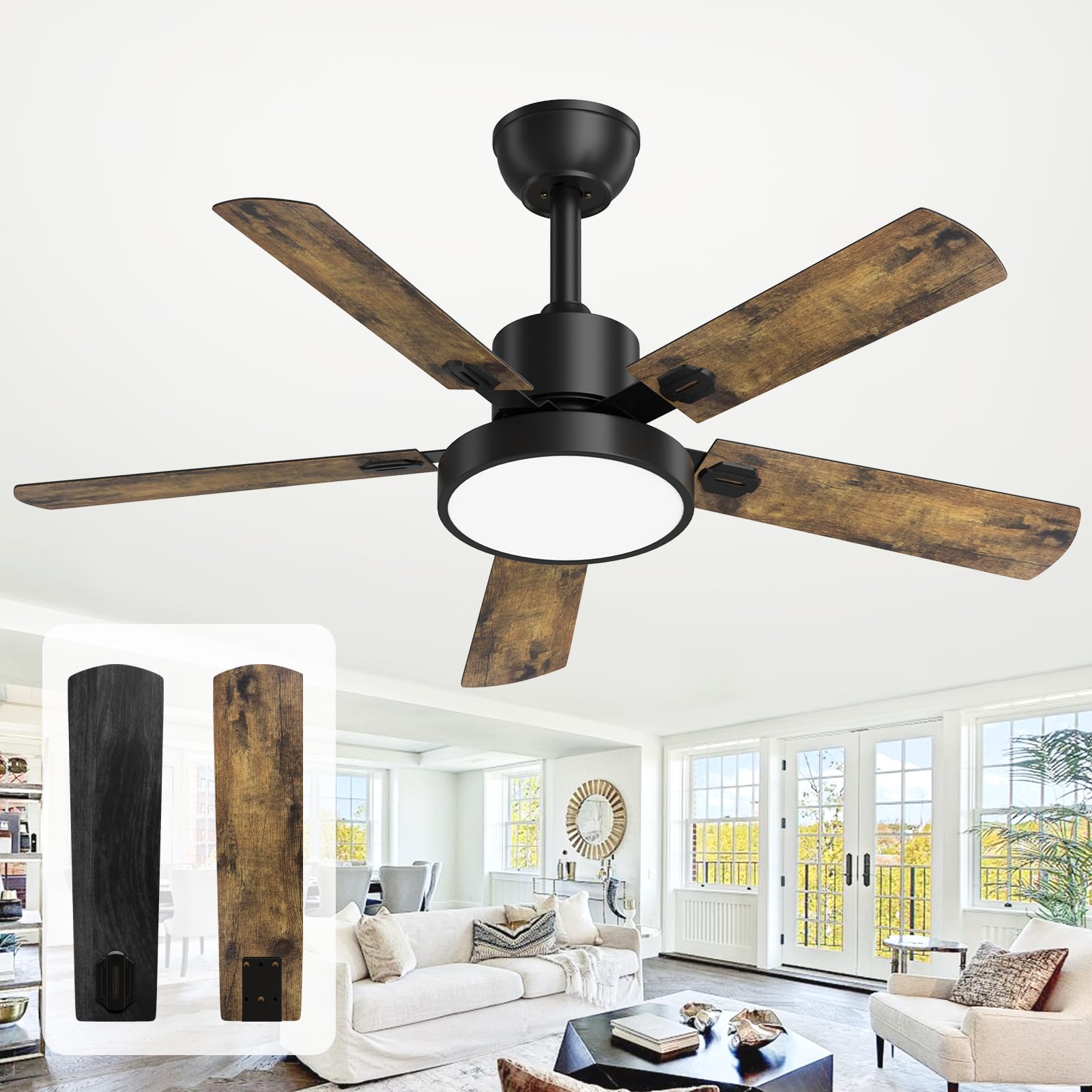 Ceiling Fans with Lights and Remote, 52-inch Indoor/Outdoor Black Ceiling Fan with Noiseless DC Motor and Adjustable Light 6 Speed for Patio Farmhouse Bedroom, 01