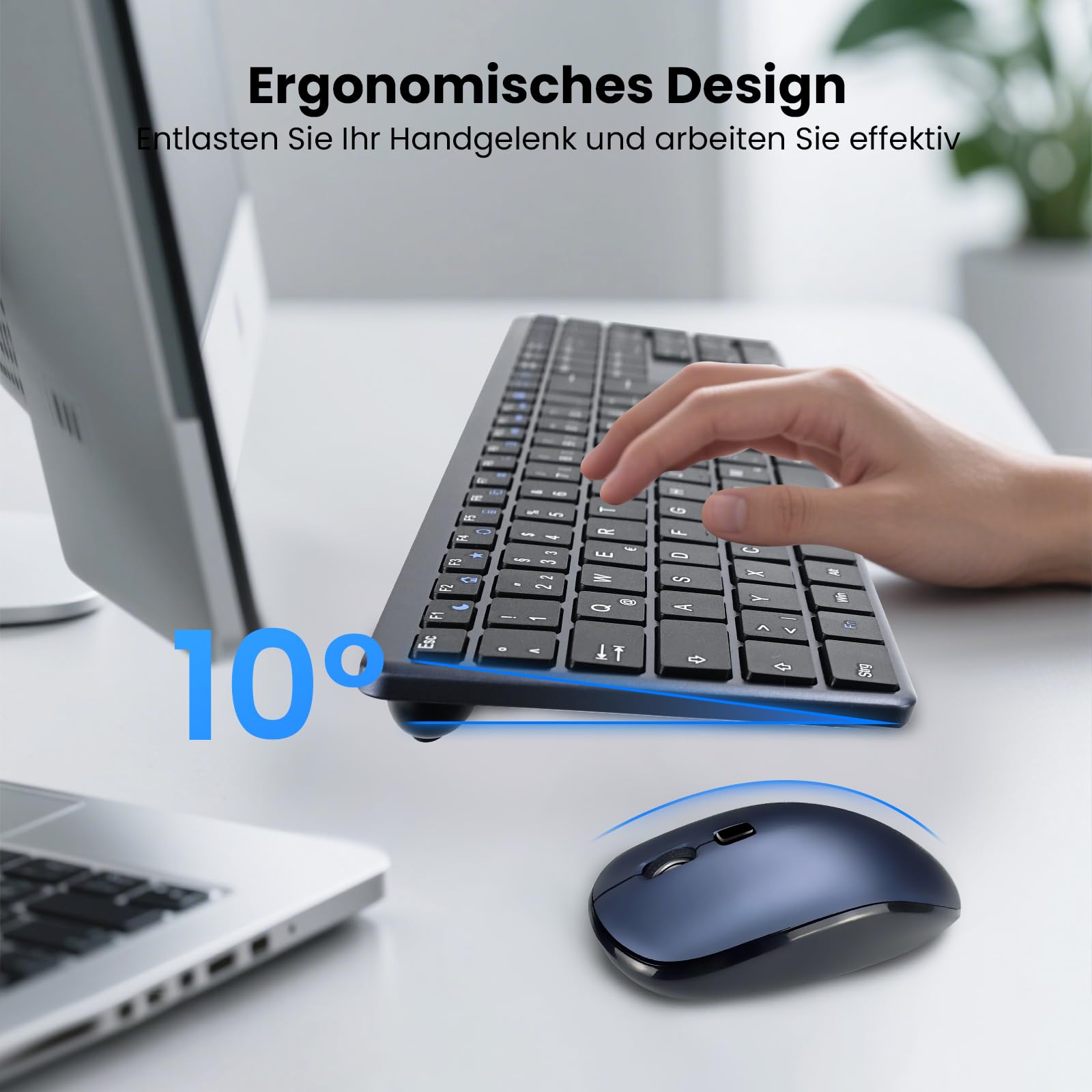 INFINMIND Tastatur Maus Set Kabellos, Deutsches QWERTZ Layout Funktastatur mit Maus, 19 Multimedia Shortcut-Tasten mit leiser, 2,4-GHz-USB-Flachen Tastatur für Laptops, Smart-TVs, MAC und Windows
