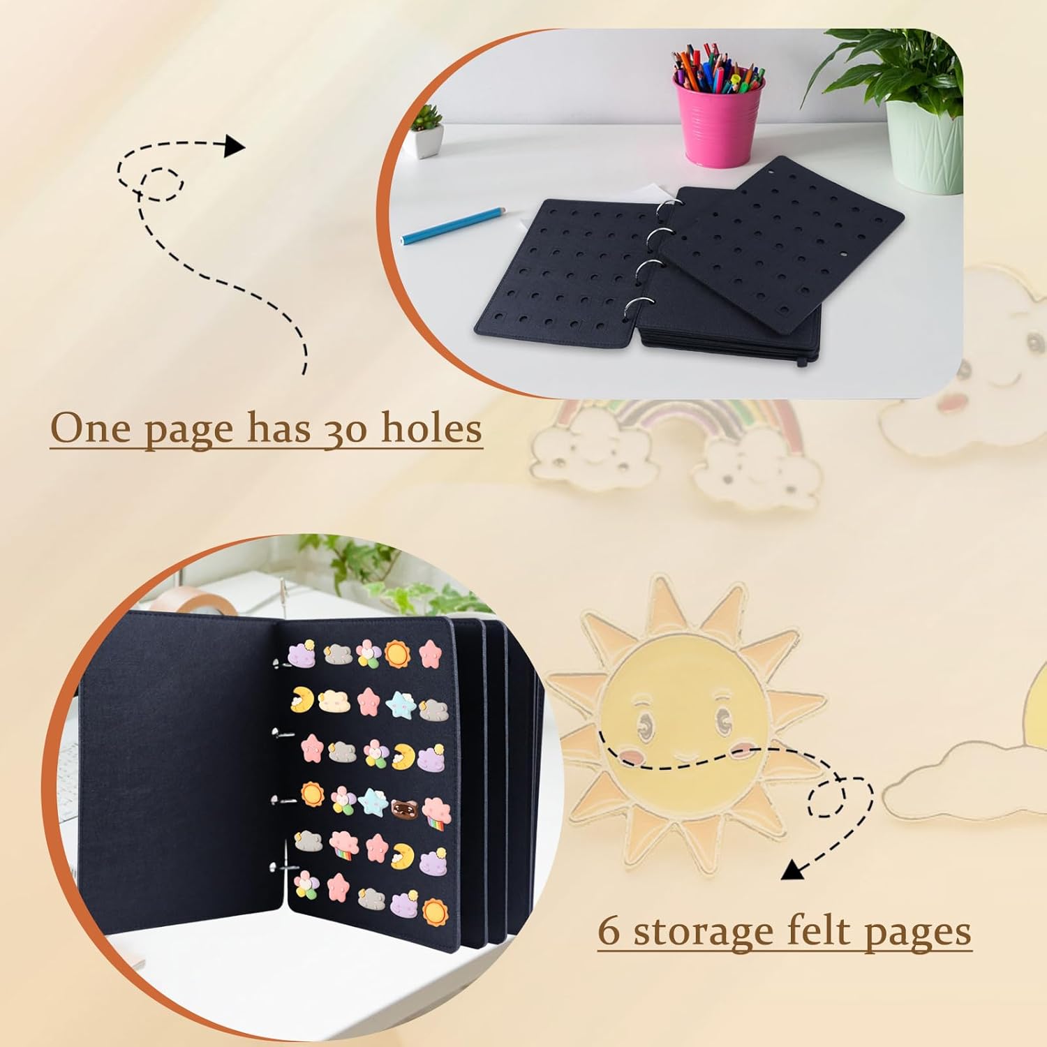 Shoe Charms Organizer, Hanging Shoe Charm Display Holder with 180 Holes 6 Enameled Pin Pages and 2 Front and Back Pages DIY Wall Mounted Portable Shoe Decor Charms Display Stand (Black)
