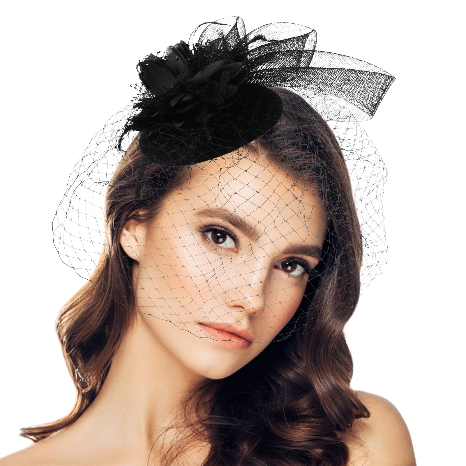 Sombrero de tocado para mujer, para fiesta de té, con clip de malla de flores, diadema, sombrero Derby para boda, cóctel, Negro -