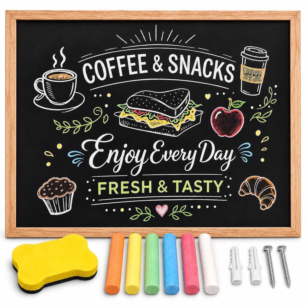 Chalkboard Blackboard Wall Mounted with Oak Colour Frame 60x44cm