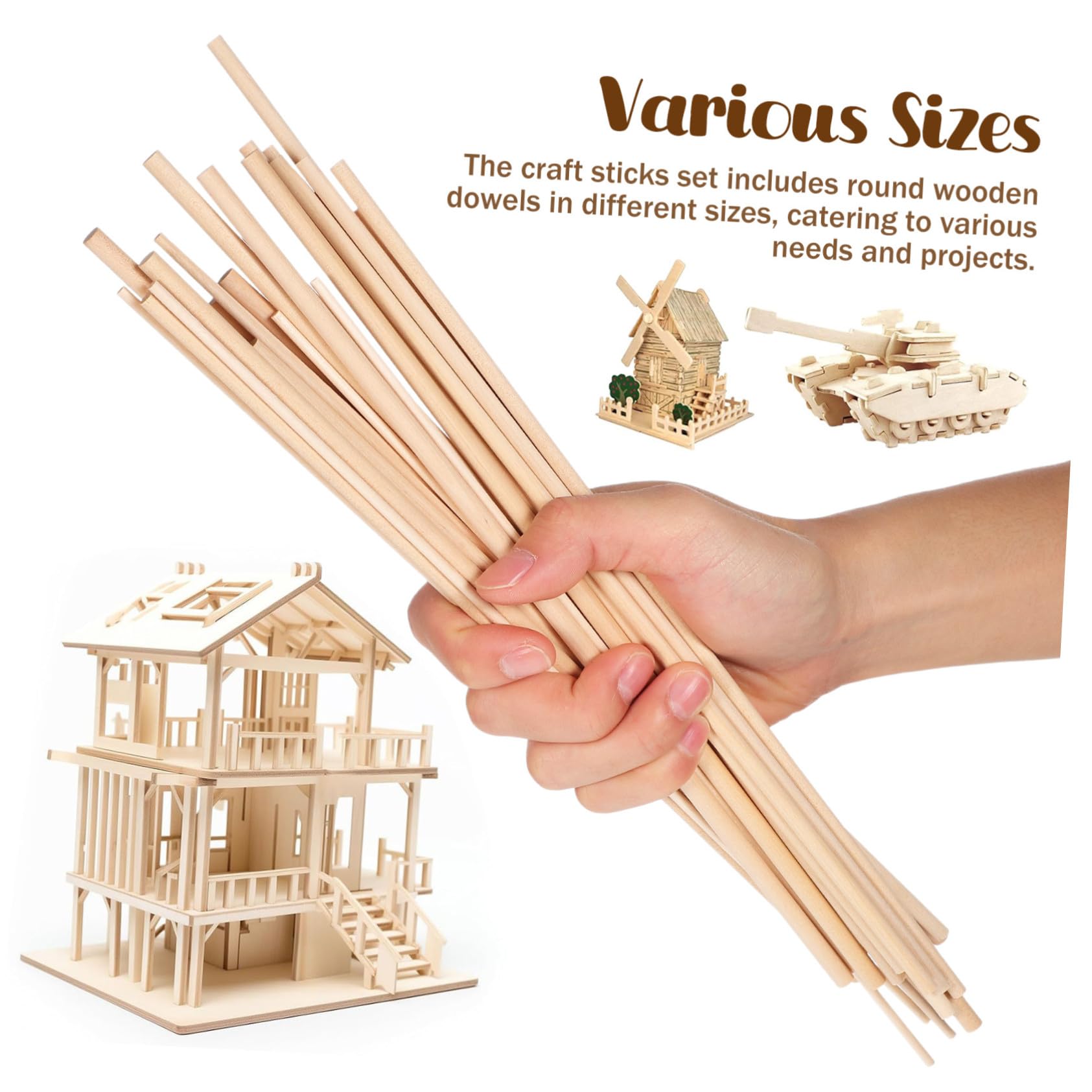 215 Stück Runde Holzstäbe Stabile und Leicht zu Verarbeitende Bastelholzstäbchen für Modellbau und Schule Naturbelassen und Vielseitig Einsetzbar