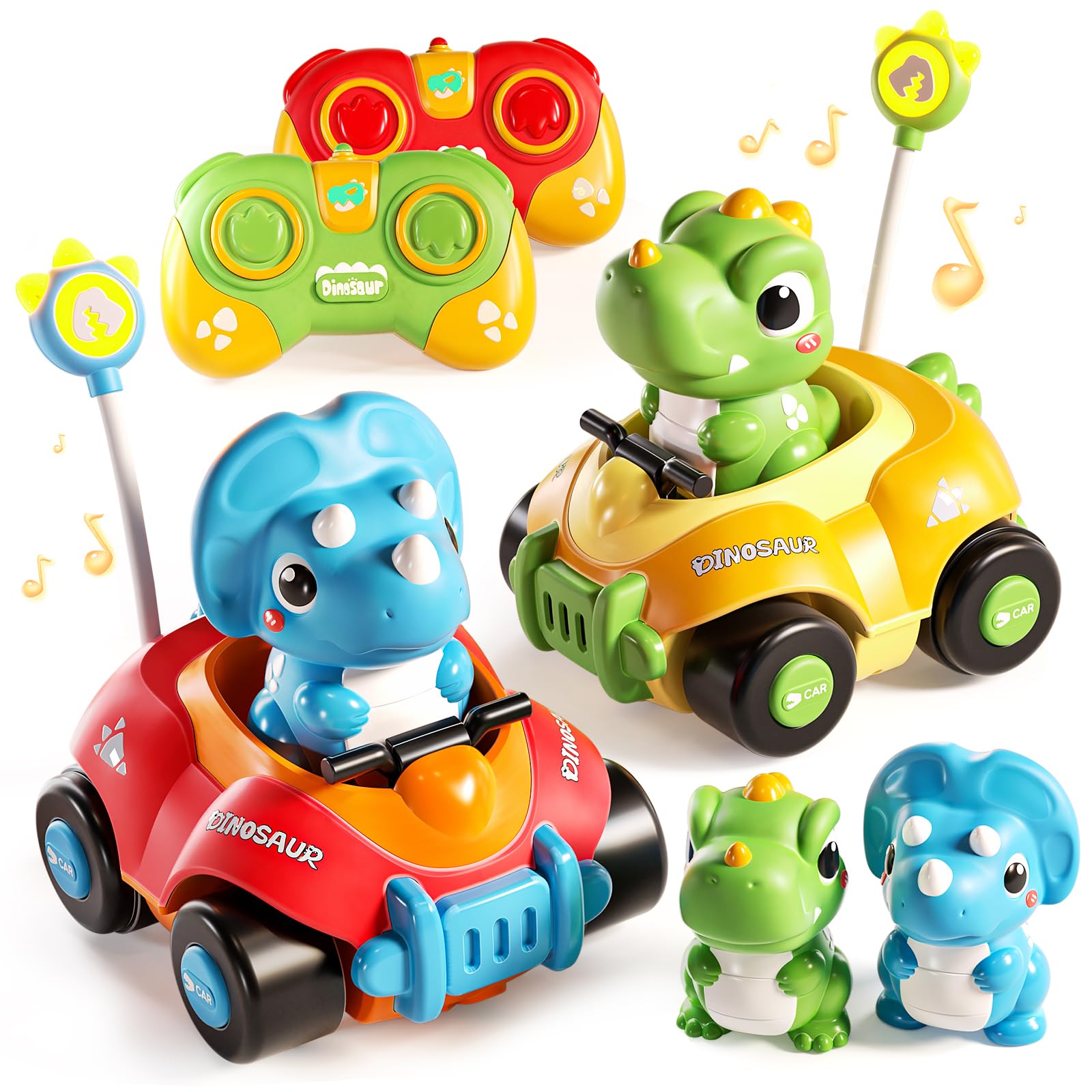 Dinosaur Remote Control Car for Toddlers,Two Dinosaur Toys Vehicles with LED Lights & Music，Electric RC Cars Toys for Boys Kids Birthday Age 3 4 5 6 Years Old.